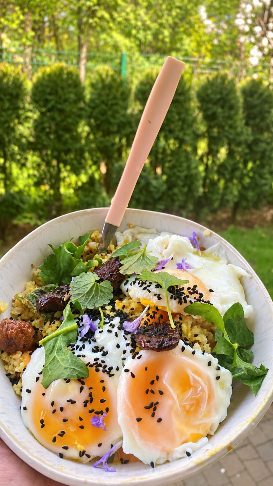 Bowl z jajkami, kaszą, nasionami i zielonymi dodatkami